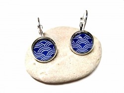 Silver Earrings, Seigaiha (Japanese) navy blue Silver pendants Japan jewel traditional fabric pattern