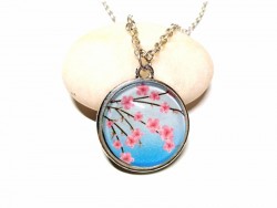 Collier & pendentif argent Fleurs de cerisier (japonais) bleu, bijou tissu traditionnel Japon bijoux mixte unisexe Sakura 桜