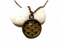 Necklace & Seigaiha (Japanese) gold on brown Bronze pendant, Japan jewel traditional fabric pattern