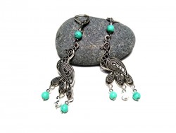 Silver Earrings, Chiseled bird pendants boho chic jewel bird peacock turquoise
