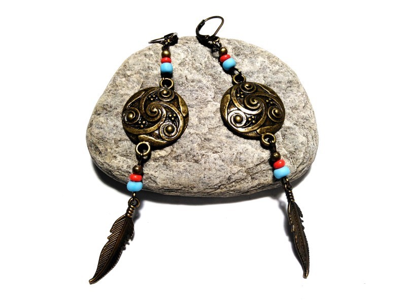Earrings bronze Triple spiral Feather Triskelion Celts Ireland druid paganism amulet ethnic boho Celtic jewel