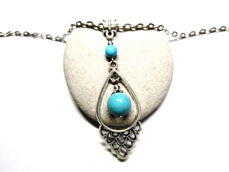 Necklace + pendant, Boho & turquoise howlite silver & turquoise boho chic & lithotherapy vintage jewels