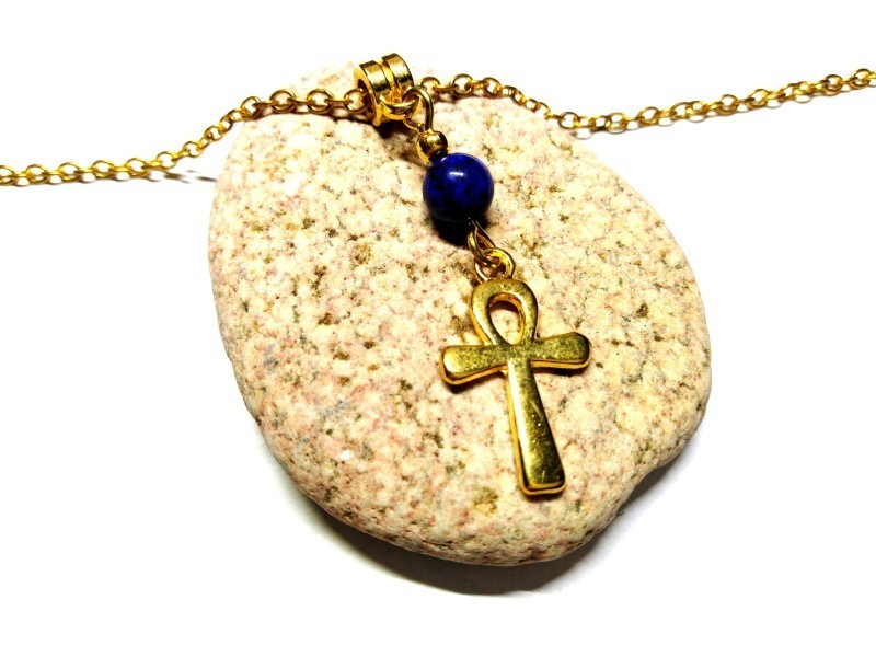 Collier + pendentif Ankh / Croix de vie & Lapis lazuli doré bijou Égypte lithothérapie bijoux égyptienne clairvoyance