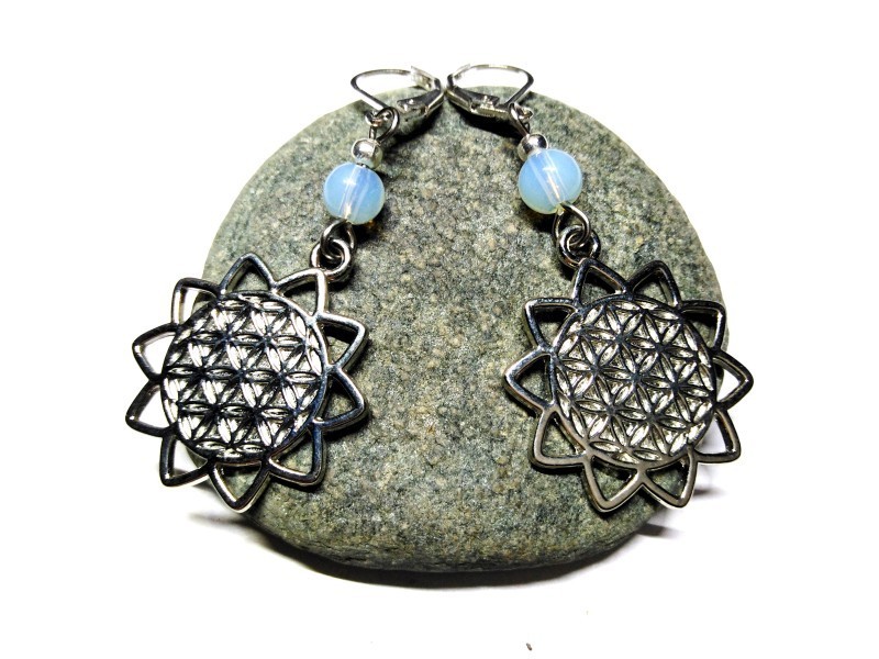 Silver Earrings, Flower of life & Opalite pendants spirituality & lithotherapy sacred geometry