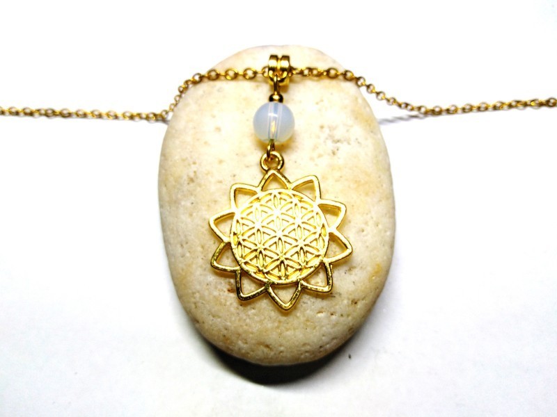Necklace + pendant, Flower of life & Opalite gold spirituality & lithotherapy sacred geometry