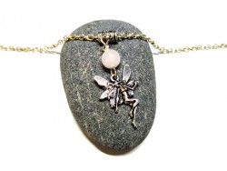Necklace + pendant, Winged Fairy & White Chalcedony silver Faerie & lithotherapy jewel magic fantasy fay wings girls teens
