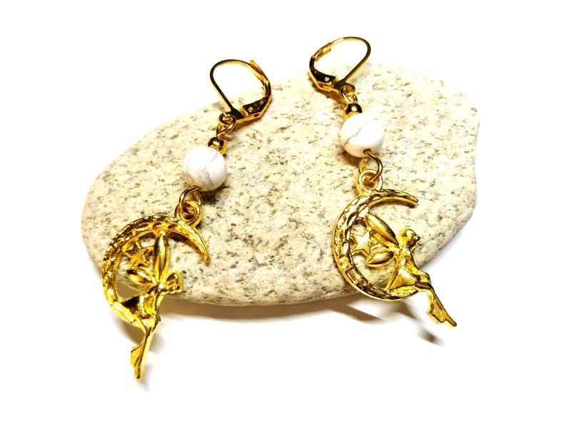 Golden Earrings, Fairy and Moon & Howlite pendants Faerie & lithotherapy jewel magic fantasy fay wings for girls teens