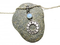 Necklace + pendant, Moon phases in circle & Opalite silver spirituality & lithotherapy jewel wicca witch magic witchcraft