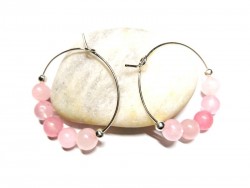 Silver Hoop Earrings, Pink Quartz beads, lithotherapy jewel yoga meditation