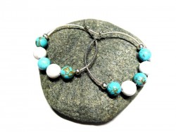 Silver Hoop Earrings, Turquoise & White howlite beads, lithotherapy jewel yoga meditation