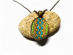 Bronze Necklace, apple green, turquoise & brown Aztec tapestry pattern pendant