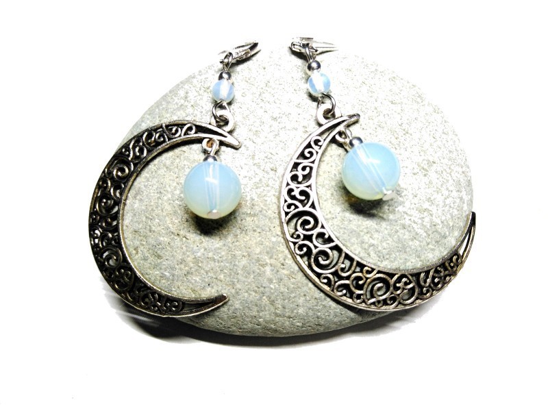 Boucles d'oreilles argent, pendentifs Lune Bohème & Opalite bijou boho chic & lithothérapie sorcière wicca bijoux femme