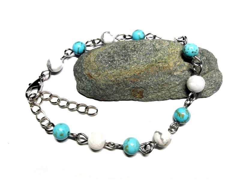 Bracelet argent Perles Howlite turquoise & blanche, bijou lithothérapie paix sérénité expression personnelle créativité yoga
