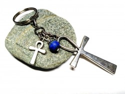 Bijou de sac & porte-clés argent, pendentifs Ankh / Croix de vie & Lapis lazuli Égypte antique & lithothérapie