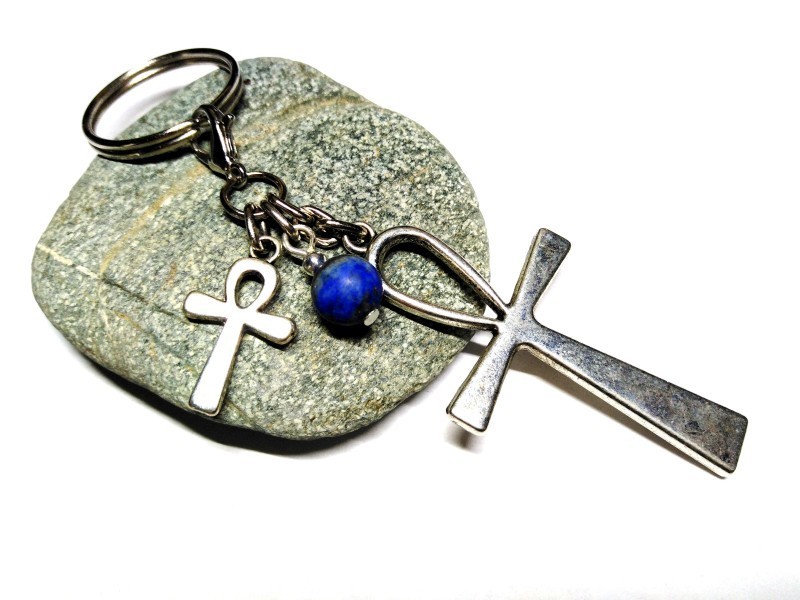 Silver Bag charm & key ring, Ankh / Cross of Life & Lapis lazuli pendants Egypt & lithotherapy natural gemstone