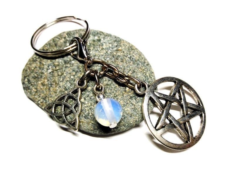 Bijou de sac & porte-clés argent, pendentifs Triquètre, Pentagramme & Labradorite paganisme Wicca & lithothérapie