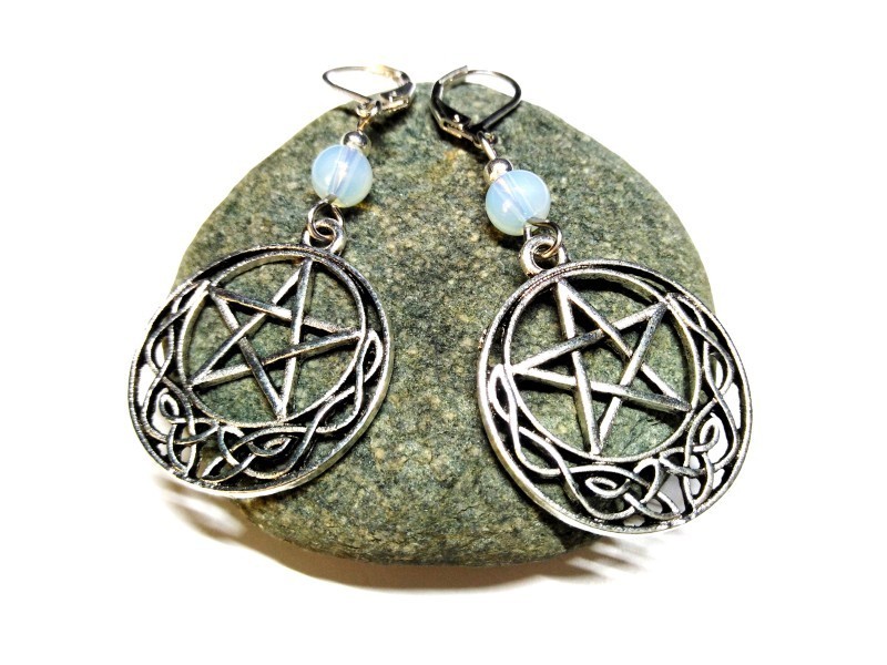 Boucles d'oreilles dormeuse argent Pentagramme, Lune & Opalite, bijou Wicca & lithothérapie celtique sorcière paganisme