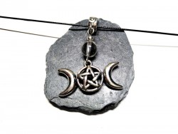 Collier noir pendentif Triple Lune et Pentagramme & Cristal de roche bijou Wicca & lithothérapie Triple Déesse paganisme