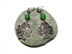 Silver Lever Back Earrings, Shamrock with knotworks & Aventurine, Celtic Ireland & lithotherapy jewel Irish luck