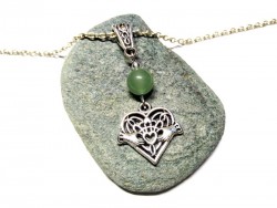 Silver Necklace Heart Claddagh & Aventurine pendant Ireland & lithotherapy jewel natural gemstone Celtic Irish clover luck