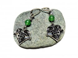 Boucles d'oreilles argent Claddagh en cœur & aventurine, bijou celtique Irlande & lithothérapie 4ème chakra Anahata