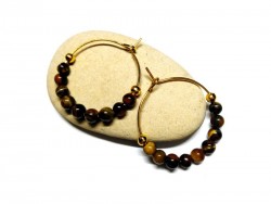 Gold Earrings, Tiger's Eye, lithotherapy jewel natural gemstone yoga meditation boho hippie chic