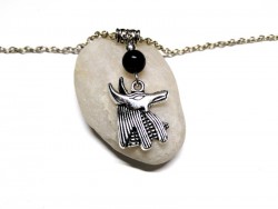 Silver Necklace Anubis & Obsidian pendant Egypt jewel natural gemstone egyptian jewels mythology jewelry jackal protection