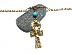 Collier pendentif doré Ankh Croix de vie Howlite turquoise bijou Égypte antique lithothérapie expression créativité