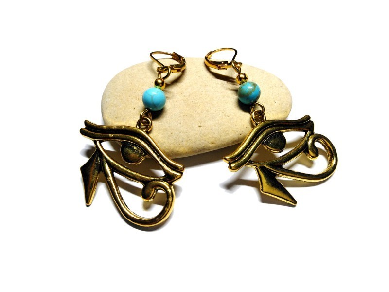 Gold Earrings, Eye of Horus & Turquoise Howlite, Egypt jewel natural gemstone egyptian jewels mythology jewelry protection