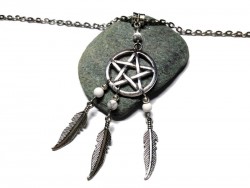 Collier argent pendentif Attrape-rêve Pentagramme & Howlite bijou Wicca & lithothérapie pierre semi-précieuse paganisme