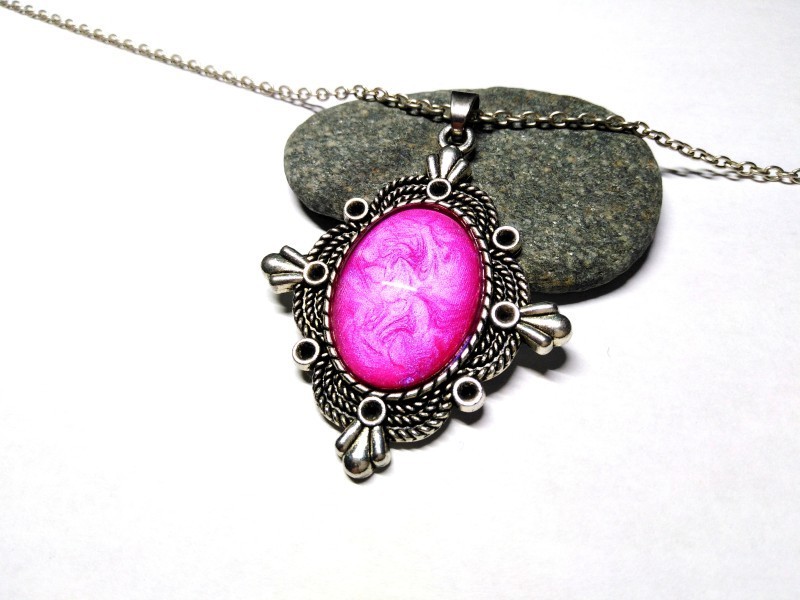 Necklace & Metallic fuchsia Silver pendant, hand-painted jewel gothic victorian fashion goth pink violet