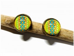 Bronze Earrings, apple green, turquoise & brown Aztec tapestry pattern