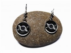 Silver (hook) Earrings, Triple moon silver pendant  wicca jewel earring  white on black