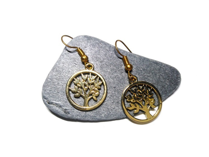 Boucles d'oreilles dorées, pendentifs Petit Arbre de vie brillant, bijou spiritualité La Blanche Hermine