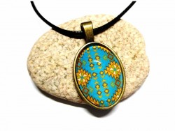 Black Necklace, turquoise, brown & apple green Aztec tapestry pattern pendant