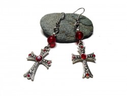 Silver Earrings, Cross & Red Agate, cross jewel gemstone