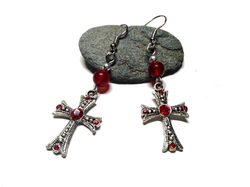 Silver Earrings, Cross & Red Agate, cross jewel gemstone