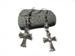 Boucles d'oreilles argent Croix & Cristal de roche, bijou gothique lithothérapie 7ème chakra couronne équilibre harmonie