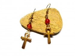 Gold Earrings, Ankh / Cross of Life & Carnelian, Egypt jewel natural gemstone egyptian jewels mythology jewelry