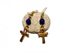 Boucles d'oreilles or Ankh / Croix de vie & Lapis lazuli, bijou Égypte antique & lithothérapie bijoux mythologie amulette égyptienne clairvoyance