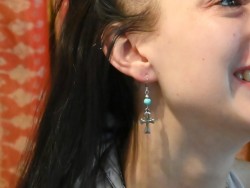 Earrings Silver Cross of Life & Turquoise Howlite Egypte & lithotherapy jewel Model Yael Photographer Pete Mitchell