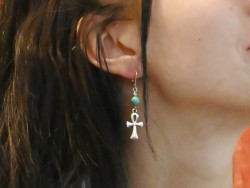 Earrings Silver Cross of Life & Turquoise Howlite Egypte & lithotherapy jewel Model Yael Photographer Pete Mitchell