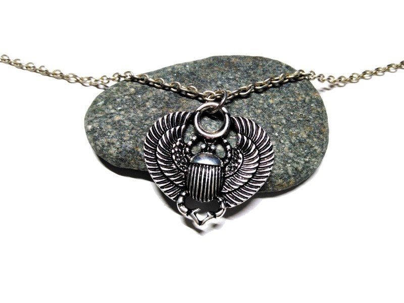 Necklace + pendant, Egyptian solar scarab silver Egypt jewel ancient God Khepri sun pagan mythology ethnic art magic amulet