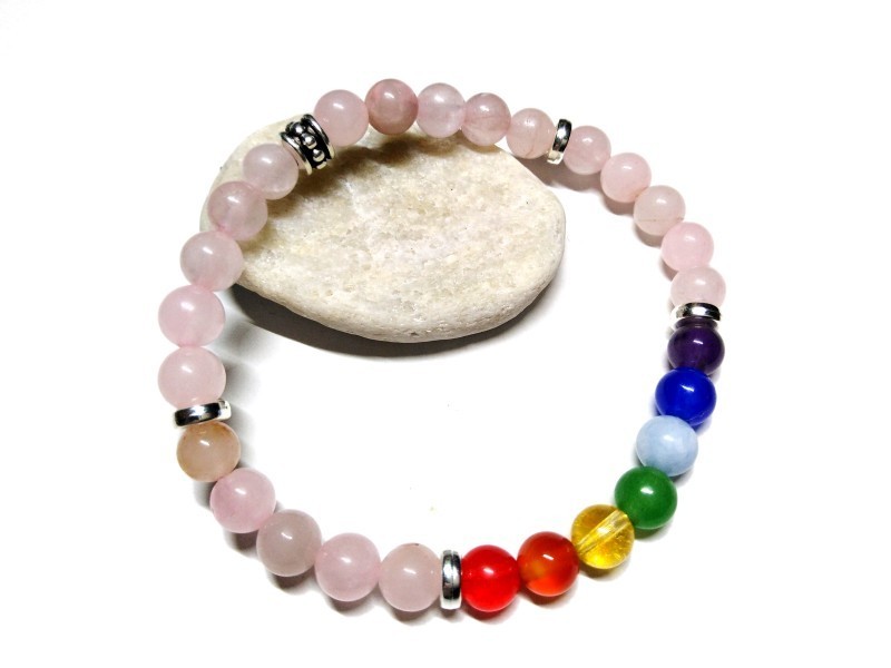 Pink Quartz & 7 chakras Silver Bracelet, lithotherapy jewel yoga meditation
