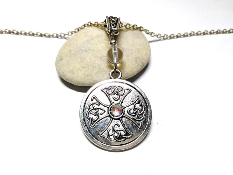 Silver Necklace Celtic cross Clear Crystal pendant Celtic cross jewel gemstone Celt