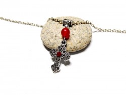Silver Necklace Cross Red Agate pendant cross jewel gmestone Goth girl cosplay