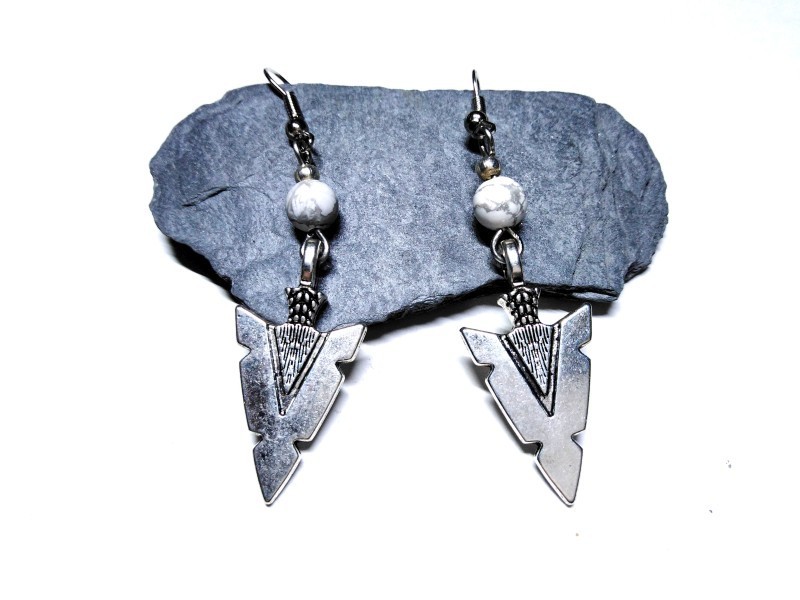 Silver Earrings, Arrowhead & Howlite, native american & lithotherapy jewel natural gemstone ethnic native american boho