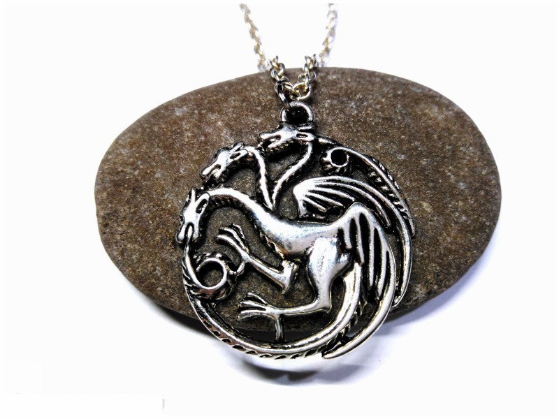 Necklace + pendant, silver Three-headed fantasy dragon jewel Game of Thrones, Targaryen, Daenerys