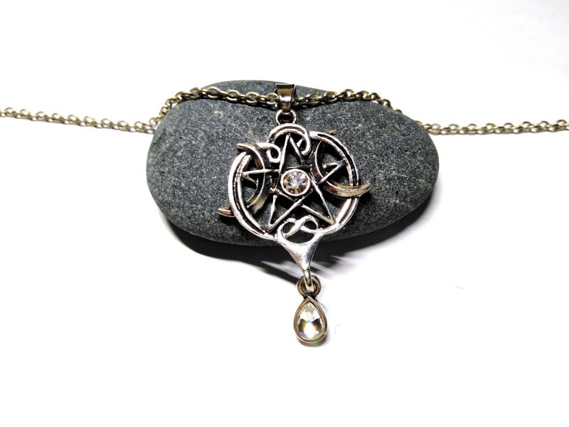 Collier + pendentif Triple Lune, pentagramme & entrelacs argent bijou paganisme Wicca wiccan sorcière Déesse amulette cosplay