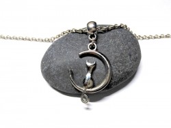 Necklace + pendant, Cat in the Moon silver girly jewel Wicca witchcraft Wiccan witch occult pagan